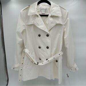 Worthington Burberry White Trench Coat Jacket Adjustable Tie Dual Sided Closure